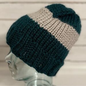 Hand-Knit Greenish Teal & Grey Beanie
